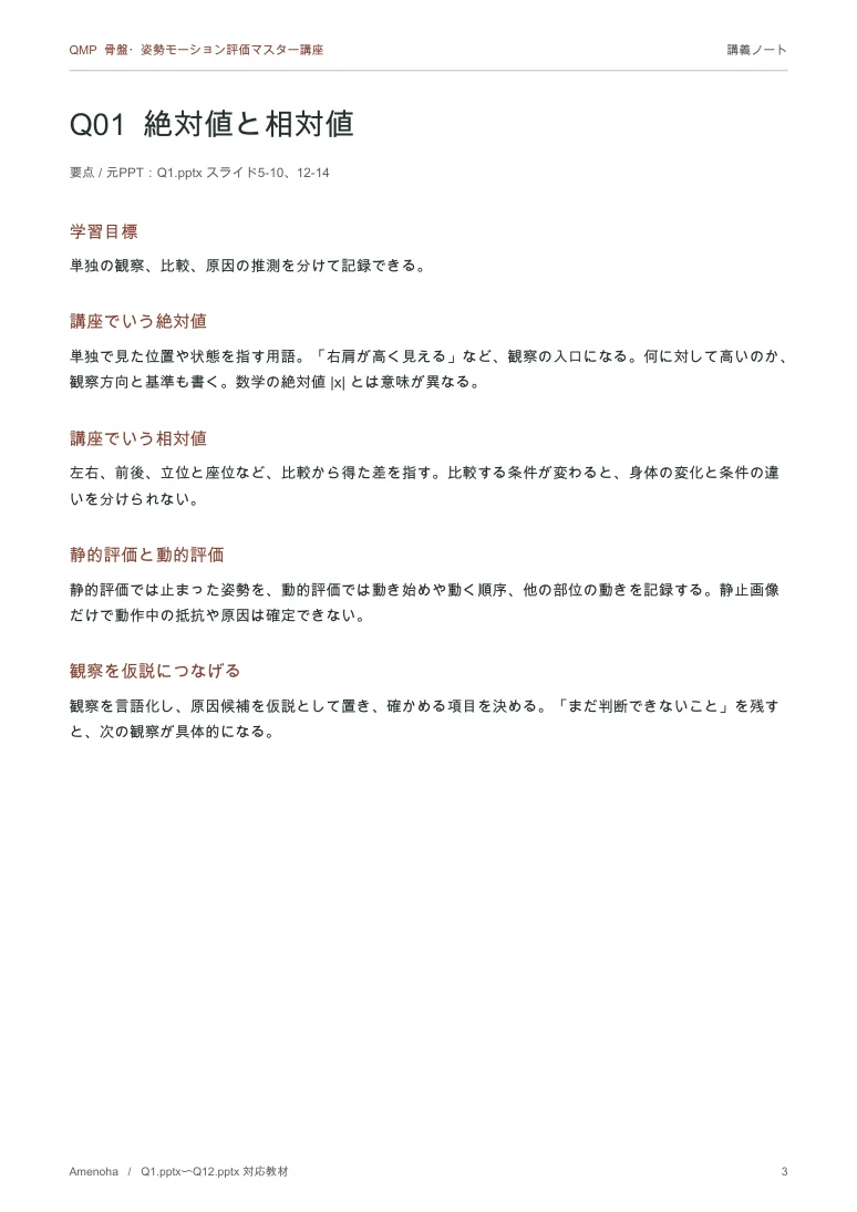 講義ノート資料Q1の紙面。観察と比較、静的評価と動的評価を整理した実際の教材。