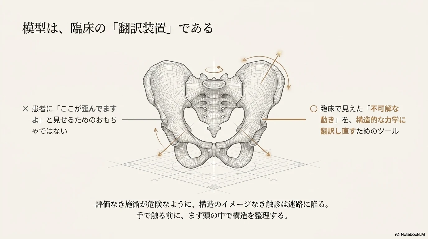 第4回の講義スライド。骨盤の模型を使い、構造を立体的に考える。